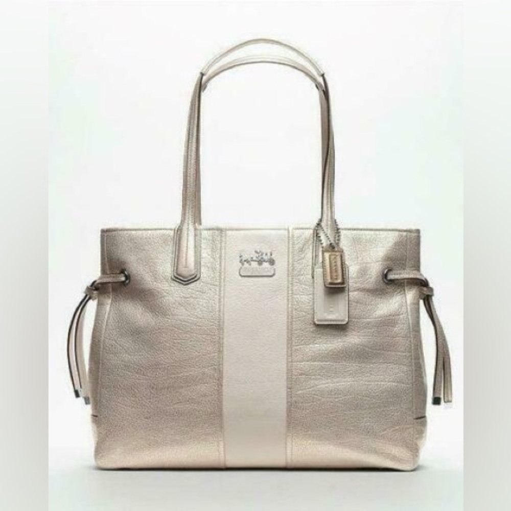 Coach Chelsea Leather Stripe Charlie Carryall Tote cream and gold met colour
